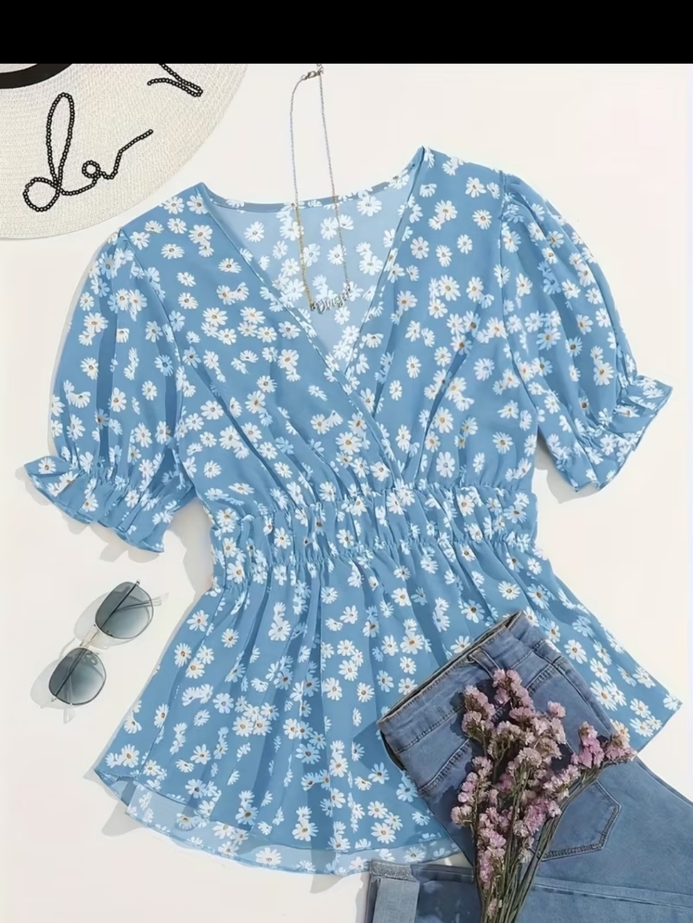 New Womens Blue Daisy V-Neck Smocked Waist Peplum Blouse sz 5x(22) #1209-1612